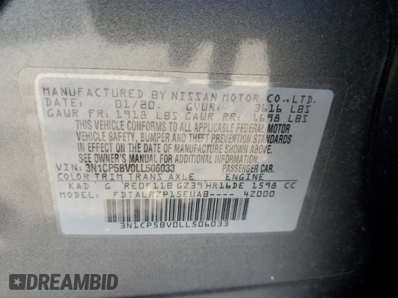 2020 Nissan Kicks S z VIN 3N1CP5BV0LL506033, wystawiony jako Copart lot #86300524 z przebiegiem Nie podano mil oraz Szkoda całkowita • Salvage title. Historia ofert i sprzedaży dostępna na DreamBid. Obrazek 12.