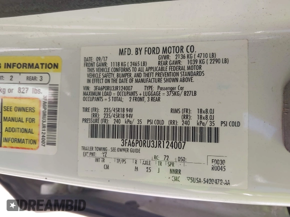 2018 Ford Fusion Titanium with VIN 3FA6P0RU3JR124007, listed as a IAAI auction lot 42207863 with 179,708 mi miles and . Bid and sale history available at DreamBid. Image 9.