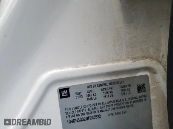 2013 Buick LaCrosse Premium 2 with VIN 1G4GH5G32DF245532, listed as a Copart auction lot 58662985 with Not provided miles and Salvage title. Bid and sale history available at DreamBid. Image 12.