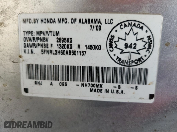 2010 Honda Odyssey EX-L with VIN 5FNRL3H60AB501157, listed as a Copart auction lot 54698995 with 277,974 mi miles and Salvage Title. Bid and sale history available at carsss.com. Image 13.