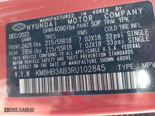 2024 Hyundai Kona SEL with VIN KM8HB3AB3RU102845, listed as a IAAI auction lot 41642543 with 43,951 mi miles. Bid and sale history available at carsss.com. Image 9.