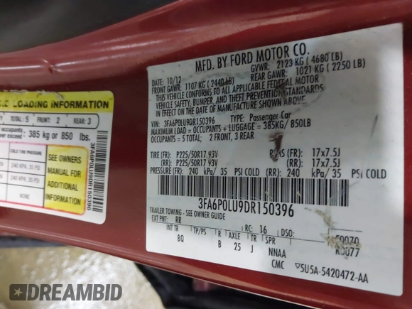 2013 Ford Fusion SE Hybrid with VIN 3FA6P0LU9DR150396, listed as a IAAI auction lot 42080329 with 195,665 mi miles. Bid and sale history available at carsss.com. Image 9.