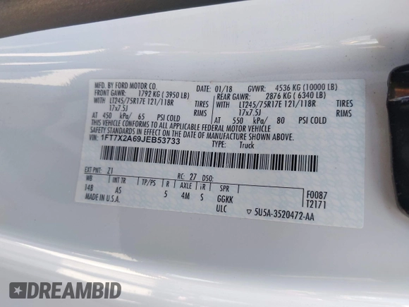 2018 Ford F-250 XL с VIN 1FT7X2A69JEB53733, выставлен на аукционе IAAI как лот 42692823 с пробегом 111 793 миль миль и . История ставок и продаж доступна на DreamBid. Изображение 9.