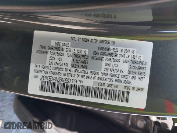2022 Mazda CX-9 Grand Touring with VIN JM3TCBDY4N0618680, listed as a IAAI auction lot 40086806 with 34,142 mi miles and . Bid and sale history available at DreamBid. Image 9.