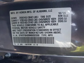 2021 Honda Pilot Elite with VIN 5FNYF6H09MB032350, listed as a IAAI auction lot 41514472 with 45,008 mi miles. Bid and sale history available at carsss.com. Image 9.
