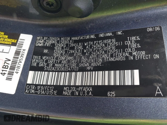 2006 Toyota Sienna CE z VIN 5TDZA23C06S547703, wystawiony jako IAAI lot #41973392 z przebiegiem 235 995 mil mil oraz . Historia ofert i sprzedaży dostępna na DreamBid. Obrazek 9.