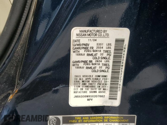 2005 Infiniti FX with VIN JNRAS08W85X207662, listed as a Copart auction lot 59736235 with 231,061 mi miles and Clean title. Bid and sale history available at DreamBid. Image 13.