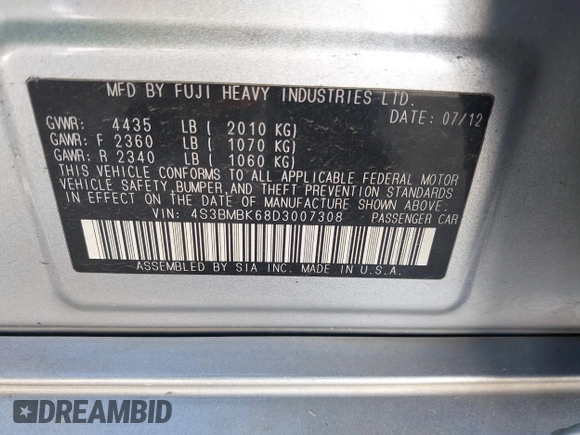2013 Subaru Legacy Limited with VIN 4S3BMBK68D3007308, listed as a IAAI auction lot 42181956 with 178,852 mi miles and . Bid and sale history available at DreamBid. Image 9.