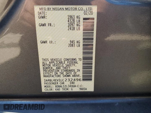 2020 Nissan Altima 2.5 SL with VIN 1N4BL4EV1LC232496, listed as a Copart auction lot 48879775 with 97,604 mi miles and Salvage Title. Bid and sale history available at carsss.com. Image 12.