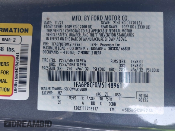 2021 Ford Mustang GT with VIN 1FA6P8CF0M5148961, listed as a IAAI auction lot 42211976 with 14,181 mi miles and . Bid and sale history available at DreamBid. Image 9.