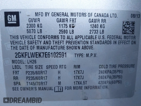 2014 GMC Terrain SLE with VIN 2GKFLWEK7E6102591, listed as a IAAI auction lot 41300845 with 120,115 mi miles. Bid and sale history available at carsss.com. Image 9.