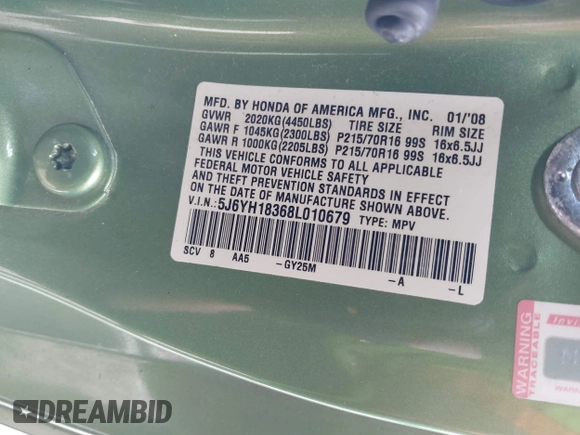 2008 Honda Element LX with VIN 5J6YH18368L010679, listed as a IAAI auction lot 42035414 with 181,301 mi miles and . Bid and sale history available at DreamBid. Image 9.