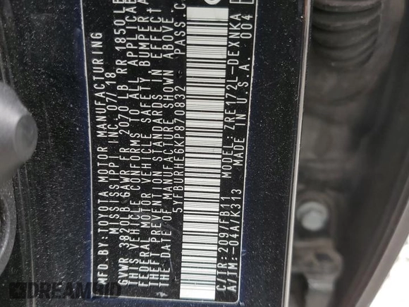 2019 Toyota Corolla L z VIN 5YFBURHE6KP870832, wystawiony jako Copart lot #57884205 z przebiegiem 132 860 mil mil oraz Szkoda całkowita • Salvage title. Historia ofert i sprzedaży dostępna na DreamBid. Obrazek 12.