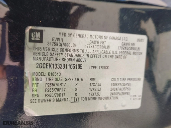 2008 Chevrolet Silverado 1500 LTZ with VIN 2GCEK133381166105, listed as a IAAI auction lot 41877995 with 224,953 mi miles. Bid and sale history available at carsss.com. Image 9.