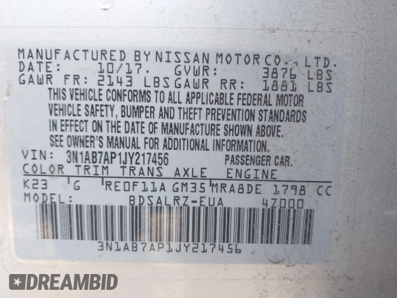 2018 Nissan Sentra S with VIN 3N1AB7AP1JY217456, listed as a IAAI auction lot 41647997 with 141,179 mi miles and . Bid and sale history available at DreamBid. Image 9.