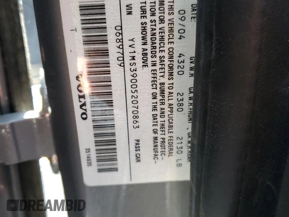 2005 Volvo S40 с VIN YV1MS390052070863, выставлен на аукционе Copart как лот 53854165 с пробегом 172 266 миль миль и Списание • Salvage title. История ставок и продаж доступна на DreamBid. Изображение 12.