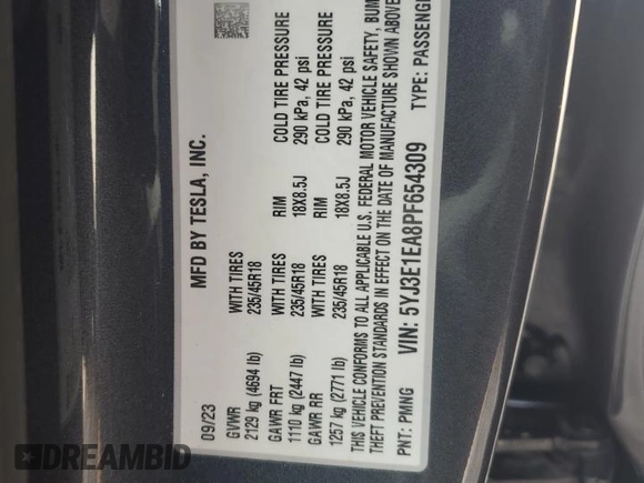 2023 Tesla Model 3 с VIN 5YJ3E1EA8PF654309, выставлен на аукционе Copart как лот 56178615 с пробегом 34 075 миль миль и Списание • Salvage title. История ставок и продаж доступна на DreamBid. Изображение 12.