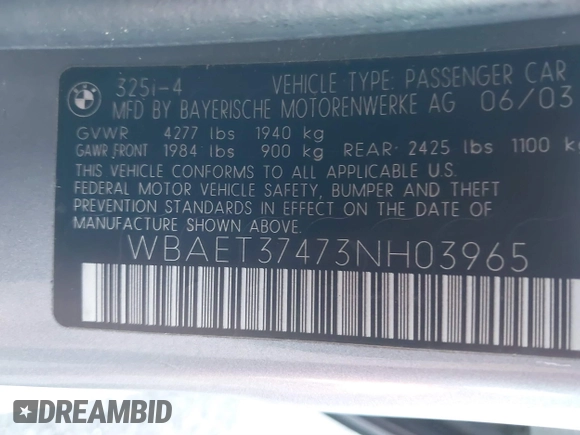 2003 BMW 3 Series 325i with VIN WBAET37473NH03965, listed as a IAAI auction lot 41756045 with 120,482 mi miles and . Bid and sale history available at DreamBid. Image 9.