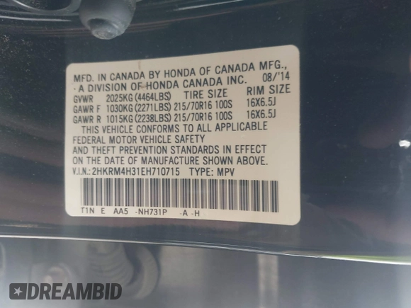 2014 Honda CR-V LX with VIN 2HKRM4H31EH710715, listed as a IAAI auction lot 41919394 with 115,239 mi miles. Bid and sale history available at carsss.com. Image 9.