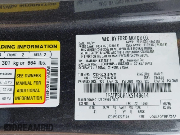 2019 Ford Mustang EcoBoost with VIN 1FATP8UH1K5148614, listed as a IAAI auction lot 41901751 with 83,823 mi miles. Bid and sale history available at carsss.com. Image 9.
