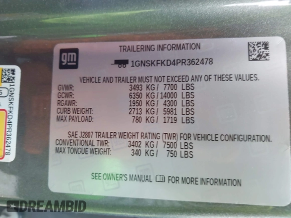 2023 Chevrolet Suburban Premier with VIN 1GNSKFKD4PR362478, listed as a IAAI auction lot 42824056 with Not provided miles and . Bid and sale history available at DreamBid. Image 9.