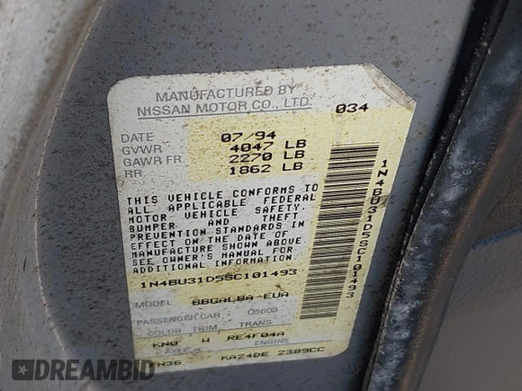 1995 Nissan Altima XE with VIN 1N4BU31D5SC101493, listed as a IAAI auction lot 41913245 with 224,199 mi miles. Bid and sale history available at carsss.com. Image 9.