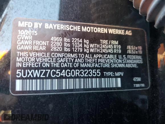 2016 BMW X3 sDrive28i with VIN 5UXWZ7C54G0R32355, listed as a Copart auction lot 48480535 with 179,021 mi miles and Clean Title. Bid and sale history available at DreamBid. Image 12.