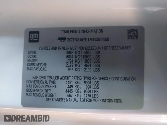 2021 GMC Sierra 1500 with VIN 3GTN8AEF1MG389458, listed as a IAAI auction lot 41458847 with 122,756 mi miles and . Bid and sale history available at DreamBid. Image 9.