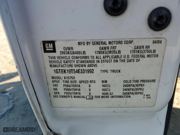 2004 GMC Sierra 1500 SLT with VIN 1GTEK19T54E331992, listed as a Copart auction lot 48469015 with 259,759 mi miles and Salvage Title. Bid and sale history available at carsss.com. Image 12.