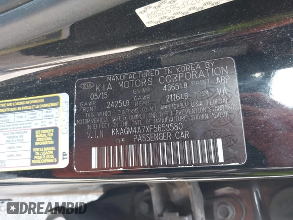 2015 Kia Optima LX with VIN KNAGM4A7XF5653580, listed as a IAAI auction lot 42483072 with 103,589 mi miles and . Bid and sale history available at DreamBid. Image 9.