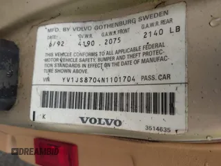 1992 Volvo 900 с VIN YV1JS8704N1101704, выставлен на аукционе IAAI как лот 41884536 с пробегом 151 903 миль миль и . История ставок и продаж доступна на DreamBid. Изображение 9.