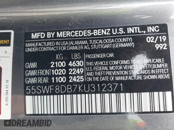 2019 Mercedes-Benz C 300 with VIN 55SWF8DB7KU312371, listed as a IAAI auction lot 42053369 with 62,767 mi miles and . Bid and sale history available at DreamBid. Image 9.