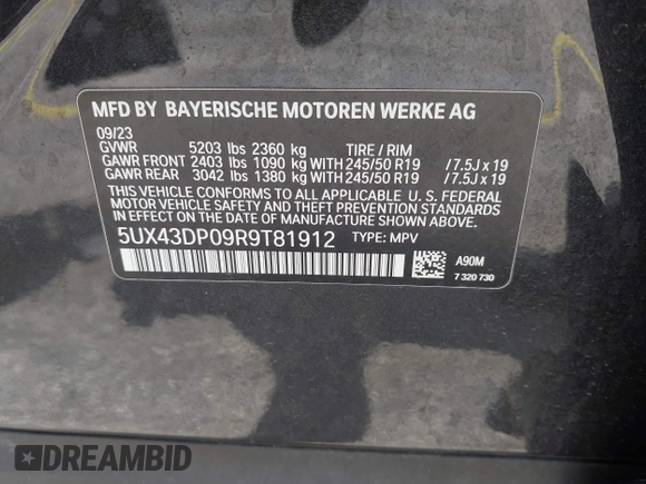 2024 BMW X3 sDrive30i with VIN 5UX43DP09R9T81912, listed as a IAAI auction lot 42190431 with 35,836 mi miles and . Bid and sale history available at DreamBid. Image 9.