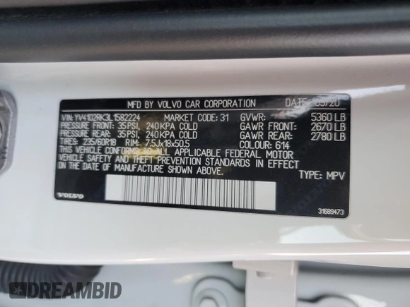 2020 Volvo XC60 Momentum с VIN YV4102RK3L1582224, выставлен на аукционе Copart как лот 46915295 с пробегом 83 260 миль миль и Списание • Salvage title. История ставок и продаж доступна на DreamBid. Изображение 14.