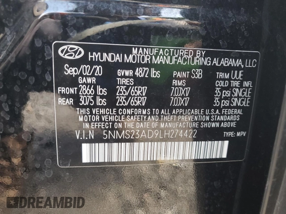 2020 Hyundai Santa Fe SE z VIN 5NMS23AD9LH274422, wystawiony jako Copart lot #61370685 z przebiegiem 52 798 mil mil oraz Nie do naprawy • Non repairable. Historia ofert i sprzedaży dostępna na DreamBid. Obrazek 14.