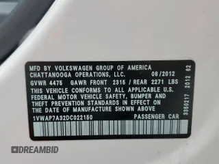 2013 Volkswagen Passat S w/Appearance with VIN 1VWAP7A32DC022150, listed as a Copart auction lot 51522185 with 69,739 mi miles and Salvage Title. Bid and sale history available at carsss.com. Image 15.
