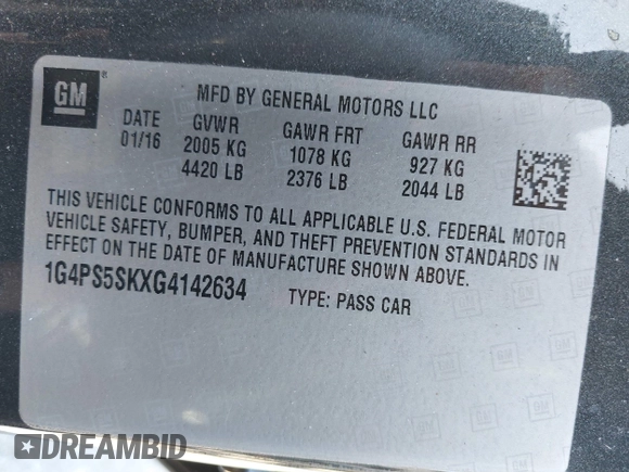 2016 Buick Verano Group with VIN 1G4PS5SKXG4142634, listed as a IAAI auction lot 42305164 with 103,071 mi miles and . Bid and sale history available at DreamBid. Image 9.