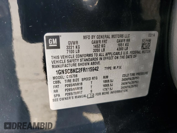 2015 Chevrolet Tahoe LT with VIN 1GNSCBKC2FR115942, listed as a Copart auction lot 54125655 with 132,502 mi miles and Salvage title. Bid and sale history available at DreamBid. Image 14.