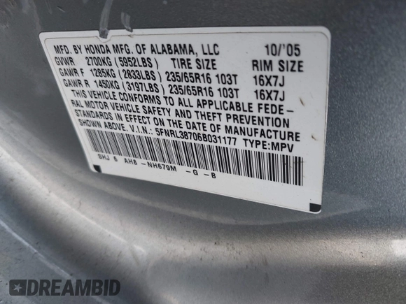 2006 Honda Odyssey EX-L with VIN 5FNRL38706B031177, listed as a IAAI auction lot 42123001 with 146,149 mi miles. Bid and sale history available at carsss.com. Image 9.