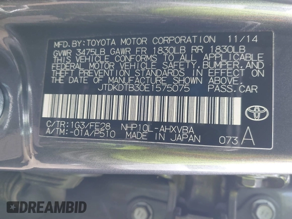 2014 Toyota Prius One with VIN JTDKDTB30E1575075, listed as a IAAI auction lot 41407539 with 150,470 mi miles and . Bid and sale history available at DreamBid. Image 9.