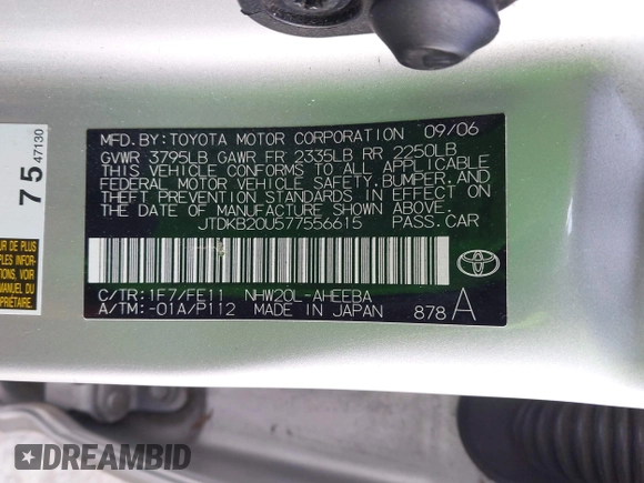 2007 Toyota Prius with VIN JTDKB20U577556615, listed as a IAAI auction lot 42121360 with 224,899 mi miles. Bid and sale history available at carsss.com. Image 9.