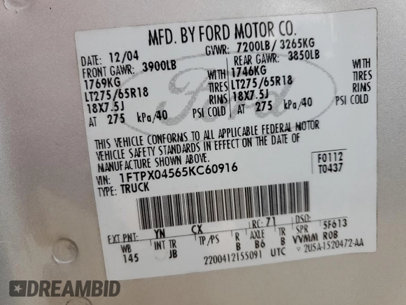 2005 Ford F-150 XLT z VIN 1FTPX04565KC60916, wystawiony jako Copart lot #89149785 z przebiegiem 114 162 mil mil oraz Czysty tytuł • Clean title. Historia ofert i sprzedaży dostępna na DreamBid. Obrazek 12.