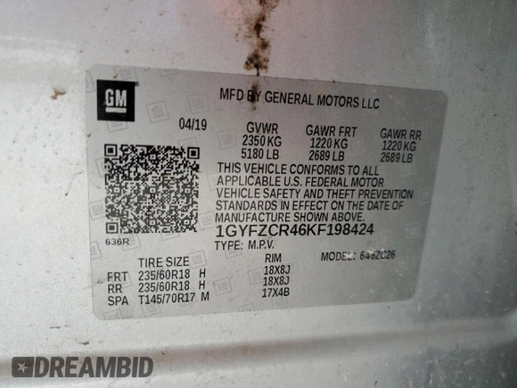 2019 Cadillac XT4 FWD Premium Luxury with VIN 1GYFZCR46KF198424, listed as a Copart auction lot 55465185 with 84,706 mi miles and Salvage title. Bid and sale history available at DreamBid. Image 13.