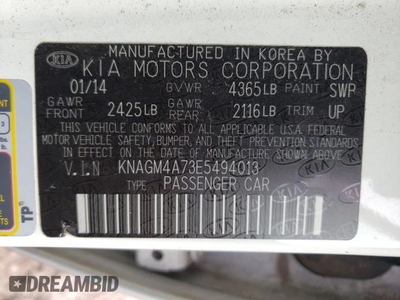 2014 Kia Optima LX with VIN KNAGM4A73E5494013, listed as a Copart auction lot 45327035 with 131,358 mi miles and Salvage Title. Bid and sale history available at carsss.com. Image 12.