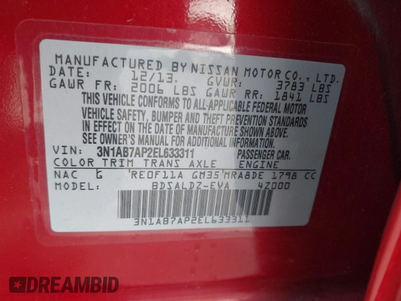 2014 Nissan Sentra S with VIN 3N1AB7AP2EL633311, listed as a IAAI auction lot 41894976 with 149,543 mi miles and . Bid and sale history available at DreamBid. Image 9.