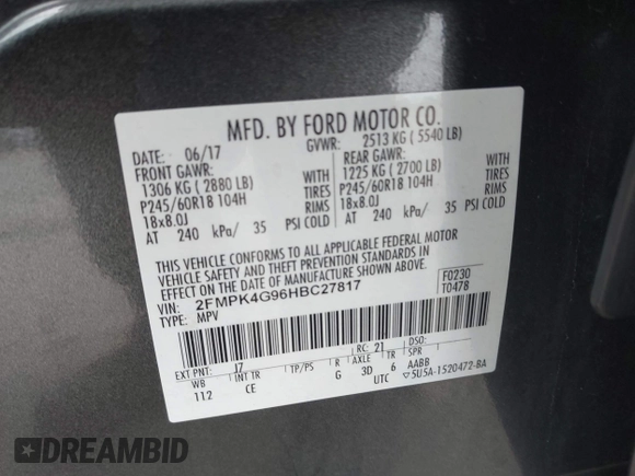2017 Ford Edge SE with VIN 2FMPK4G96HBC27817, listed as a IAAI auction lot 41921451 with 90,885 mi miles. Bid and sale history available at carsss.com. Image 9.