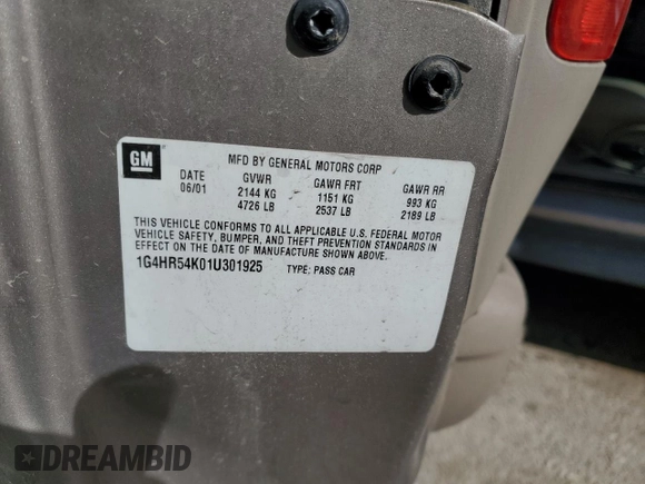2001 Buick LeSabre Limited with VIN 1G4HR54K01U301925, listed as a Copart auction lot 49701285 with Not Provided miles and Salvage Title. Bid and sale history available at carsss.com. Image 14.