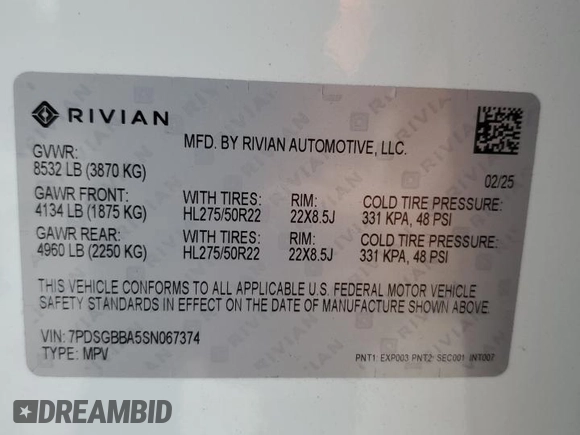 2025 Rivian R1S Adventure z VIN 7PDSGBBA5SN067374, wystawiony jako Copart lot #55279895 z przebiegiem 1 120 mil mil oraz Szkoda całkowita • Salvage title. Historia ofert i sprzedaży dostępna na DreamBid. Obrazek 14.