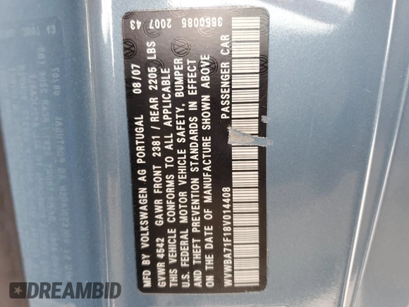 2008 Volkswagen Eos Turbo with VIN WVWBA71F18V014408, listed as a Copart auction lot 53831745 with 195,423 mi miles and Clean Title. Bid and sale history available at DreamBid. Image 12.