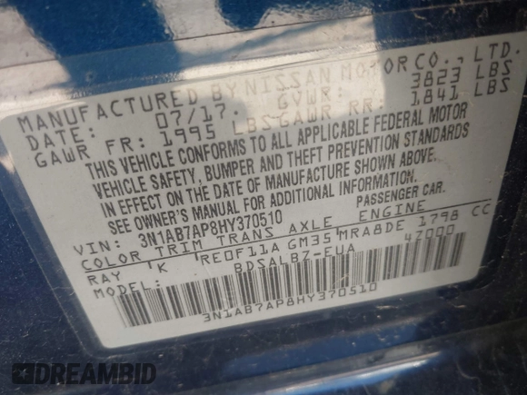 2017 Nissan Sentra S with VIN 3N1AB7AP8HY370510, listed as a IAAI auction lot 42135652 with 86,880 mi miles. Bid and sale history available at carsss.com. Image 9.